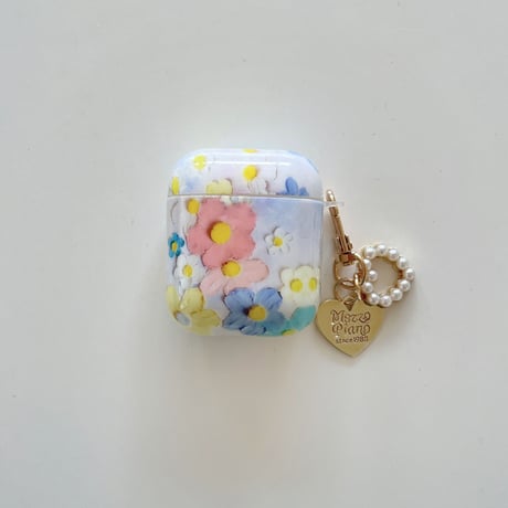 花柄 AirpodsPro2保護ケース 真珠ハートアクセサリー付 airpods3/2/1ケース  綺麗  頑丈  春夏コーデにおすすめ[M3027]