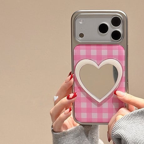 ハート型ミラー iPhone17Pro/17ケース チェック柄 iPhone17ProMax/16/15Proカバー 女子力アップ メッキ 頑丈  [M6123]