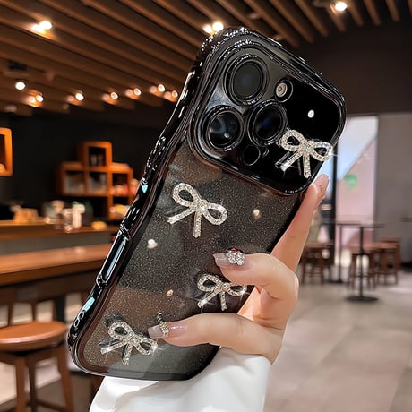 ダイヤリボン iPhone16/16Proケース うねうねライン ラメ iPhone15pro/14/13Promaxカバー 綺麗 艶感[M5515]