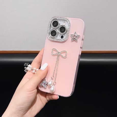 ジュエリーリボンフリンジ iPhone16Pro/15/14ケース キラキラレンズカバー iPhone13pro/12カバー ハンドメイド 大人可愛い [M5193]