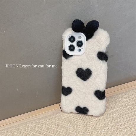 秋冬 リボン付 iphone14/14proケース ハート柄  アイフォン13/12/11カバー 柔らかい温かい  かわいい  ガールズに人気[M2266]