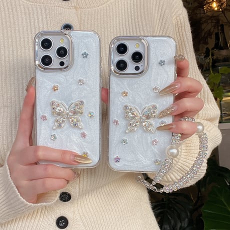 ダイヤ蝶 iPhone16pro/16plusケース パールストラップ iPhone15pro/14/13promaxケース 豪華 おしゃれ ギフトにおすすめ [M4992]