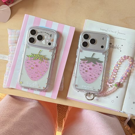 ダイヤストロベリー iPhone17pro/17ケース キラキラ感 iPhone16promax/15proケース オシャレストラップ 女子力高い[M5978]