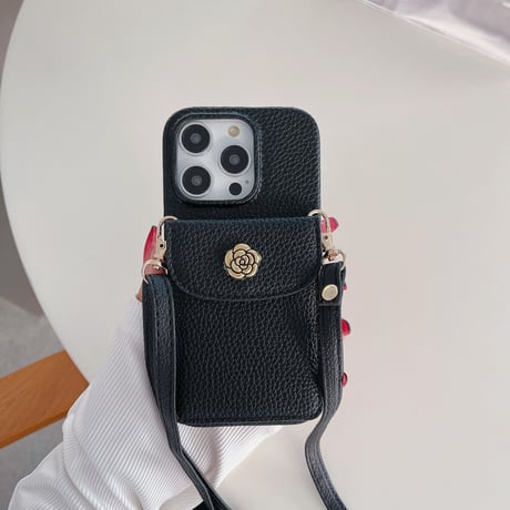 交通カード入れ iPhone14/15proケース 花デコ レザー製 iPhone12pro/13/11proカバー 肩掛けストラップ シック オシャレ便利[M3244]
