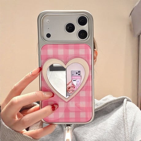 ハート型ミラー iPhone17Pro/17ケース チェック柄 iPhone17ProMax/16/15Proカバー 女子力アップ メッキ 頑丈  [M6123]