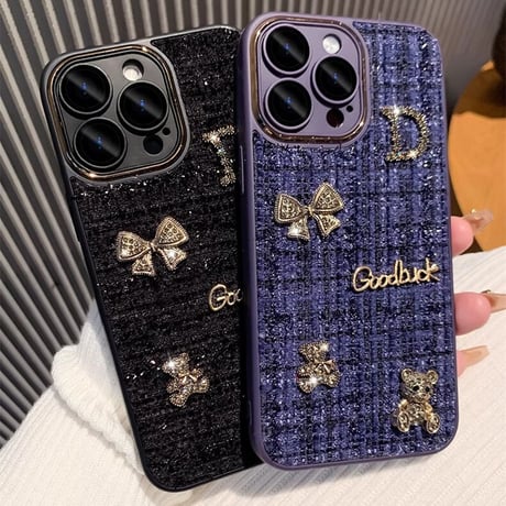 布地 iPhone16/15plusケース  放熱仕様 iPhone14/13proソフトケース カメラ保護 リボン熊ちゃんデコ 秋冬人気[M3618]