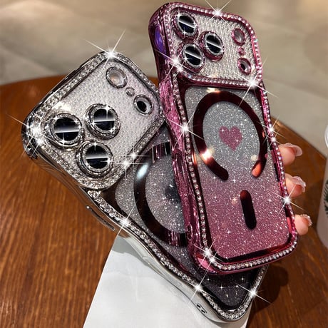 うねうねジュエリーライン iPhone17Pro/17ケース MagSafe対応 ハート柄 iPhone16/15/14ケース ラグジュアリー感 メタリックカラー レンズ保護[M6311]