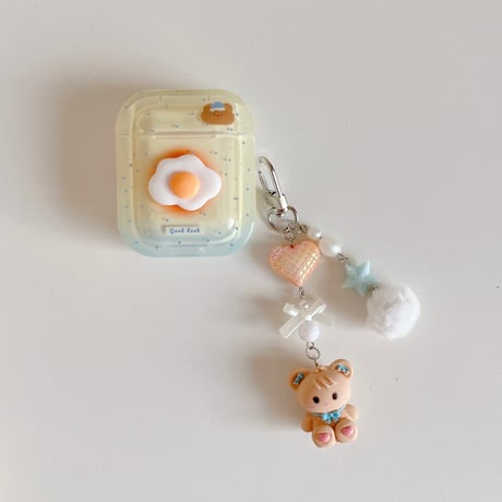 目玉焼き Airpods Pro3ケース 可愛い熊キーホルダー付  Airpods4/3ケース  AirpodsPro2/Pro1カバー 大人可愛い 頑丈 [M5805]
