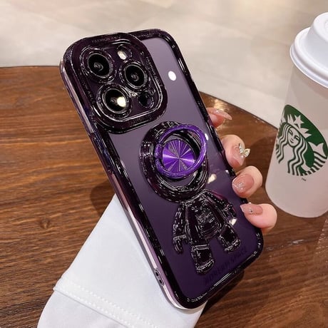 宇宙飛行士リング付 iPhone15/14proケース メッキクリアアイフォン13/12/11proカバー スタンド 便利 艶あり セレブ愛用 [M2637]