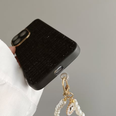 セレブ愛用 iPhone14/14proケース 真珠ストラップ付 アイフォン13pro/12/11カバー ツイード生地  Girls プレゼントにおすすめ[M2535]
