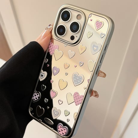 ハート柄ミラー アイフォン16/16proケース 女子力高い iPhone15promax/14pro/13promaxカバー 夏に人気 頑丈[M5446]
