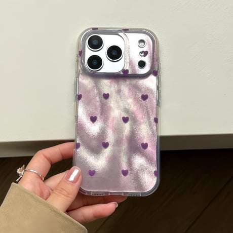 ラベンダーに合う iPhone17/17Proケース ハート柄 iPhone17ProMax/16/15proケース ぼかし染め 毛玉ストラップ 光沢感 女子力アップ [M5720]