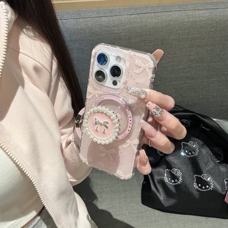 リボン柄 iPhone16pro/16ケース パールとリボングリップ マグネット iPhone15pro/14/13promaxケース かわいい 多機能 女子力UP [M5072]