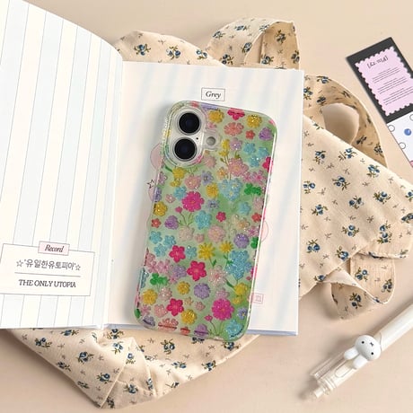 キラキラ花柄 iPhone17Pro/17ケース きれい iPhone17Promax/16Pro/15ケース かわいい 光沢感 春夏コーデ[M6197]