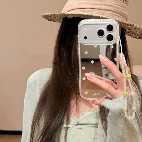 花柄ミラー iPhone17pro/17ケース 花ストラップ iPhone16/15pro/17promaxケース 日常/旅行に合う 女子力高い かわいい[M6235]