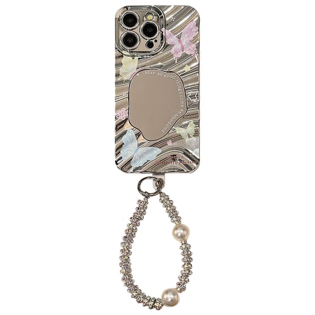 ジュエリーストラップ iPhone15pro/15ケース 鏡付き蝶柄 アイフォン14pro/13promax/12カバー 可愛い 女子力アップ[M4316]