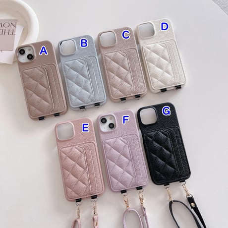 交通カード入れ2個 iPhone14/15ケース 革製 菱形 アイフォン13pro/12/11proカバー 肩ストラップ セレブ愛用 シック エレガント [M3214]
