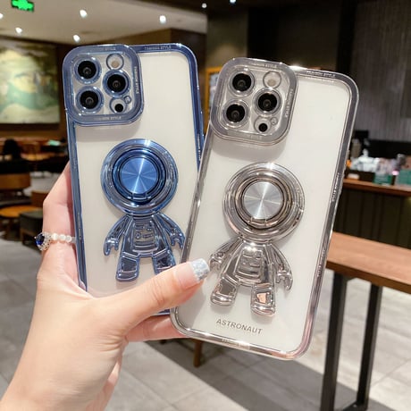 宇宙飛行士リング付 iPhone15/14proケース メッキクリアアイフォン13/12/11proカバー スタンド 便利 艶あり セレブ愛用 [M2637]