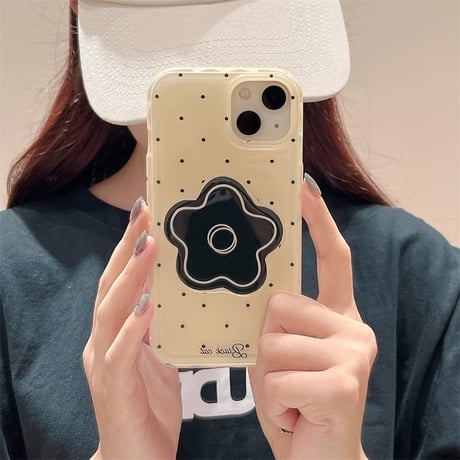 黒花グリップ iPhone15/15proケース 水玉模様 iPhone14/13proカバー かわいい 韓国風[M4512]