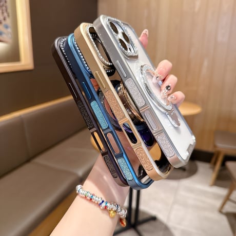 キラキラリングスタンド iPhone17Pro/16カバー ジュエリーデコ iPhone15promax/14proカバー メタルカラー 黄ばまない[M5571]
