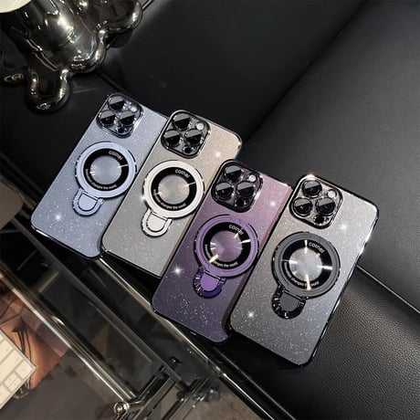 Magsafe対応 iPhone15/15proケース スタンド オシャレ アイフォン14/13proカバー レンズフイルム付 キラキララメ入り [M3620]
