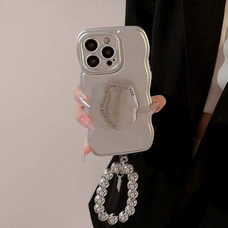 シルバー iphone14/13proケース ミラーグリップ/ストラップ付 iphone12pro/11カバー  シンプル 多機能[M3411]