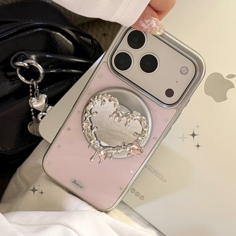 ハート型ミラーグリップ iPhone17Pro/17ケース  ワイヤレス充電 ピンク iPhone17ProMax/16Pro/15カバー かわいい 女子力アップ [M6355]