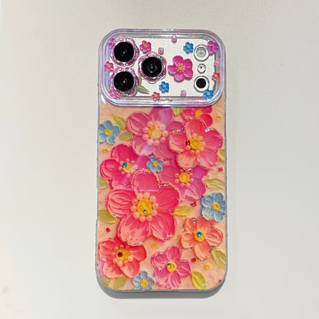 油絵花 iPhone17Pro/17ケース ストーンライン iPhone16Pro/15/14ケース 光沢感 可愛い 美しい[M6207]