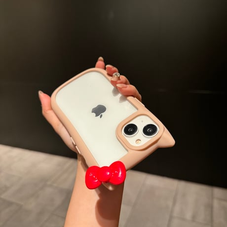 リボン付 猫の耳 iPhone15pro/15カバー 持ちやすい iPhone14pro/13/12proケース 可愛い 女子力高い [M4344]