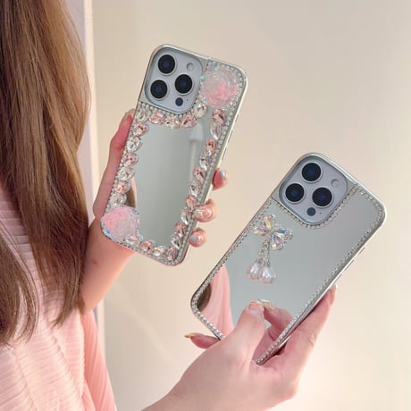 ミラー iPhone16e/16proケース 蝶/花デコ ダイヤ/パール iPhone15promax/14/13カバー おしゃれ シック 女子力高い [M5281]