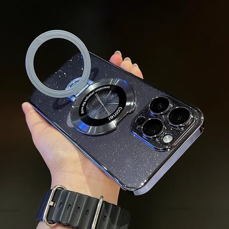 Magsafe対応 iPhone15/15proケース スタンド オシャレ アイフォン14/13proカバー レンズフイルム付 キラキララメ入り [M3620]