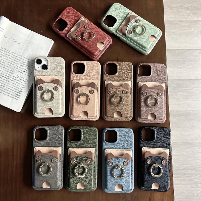 リングカード入れ付 iPhone16/16Proケース 熊 レザー アイフォン15pro