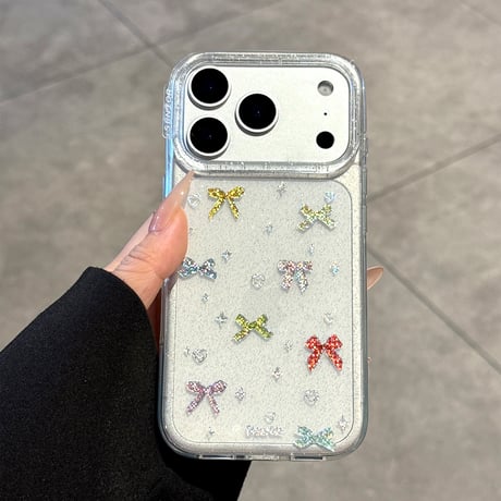 キラキラリボン iPhone17Pro/17ケース ラメ入り iPhone17ProMax/16Pro/15カバー 高級感 ガールズに人気[M5843]