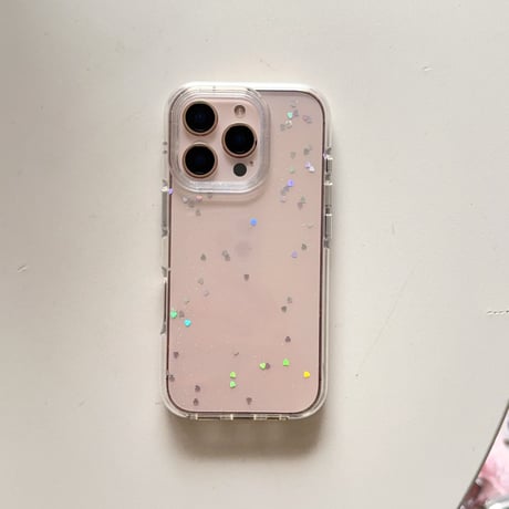 ハートグリッター iPhone16pro/16ケース  高透明 パールストラップ iPhone15pro/14/13カバー  可愛い 高級感たっぷり[M5219]