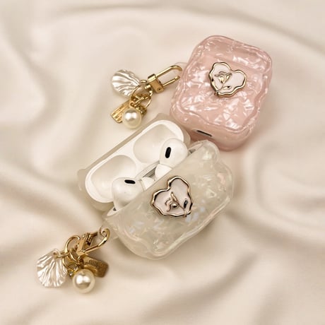 シェル柄 Airpods Pro3ケース 薔薇 Airpods4/3カバー pro2/Pro1ケース 可愛いパールキーホルダー 光沢感[M6086]