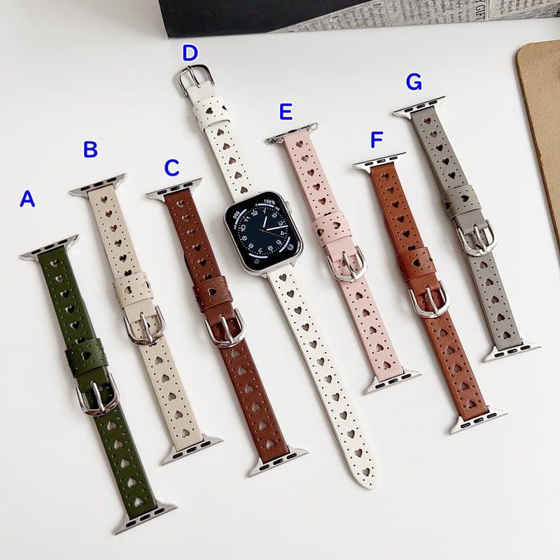 本革 Apple watchベルト 透かし彫り ハート アップルウォッチバンド