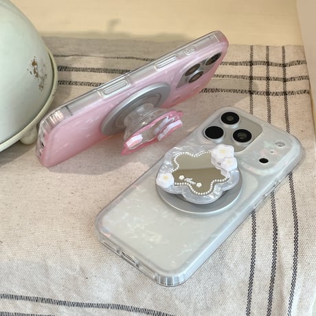 花型ミラーグリップ iPhone17Pro/17ケース MagSafe対応 シェル風 iPhone16Pro/15/14ケース 淡色系 ガーリーファッション[M6255]