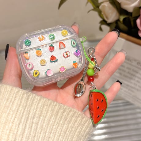 果物 Airpods 4ケース スイカキーホルダー付 かわいい Airpods3/Pro2ケース airpodsproカバー キラキララメ ギフトにおすすめ[M5076]