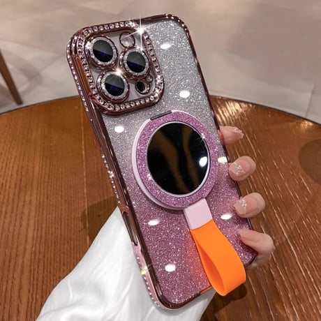 リングスタンド付鏡 iPhone16/16Proケース  ダイヤデコ iPhone15/14Pro/13カバー 大人可愛い キラキララメ[M5027]
