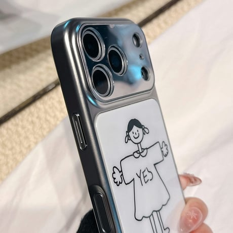 カップルペア iPhone17pro/17ケース 男の子/女の子 iPhone16/15pro/14ケース 鏡付カメラカバー メッキ[M6047]