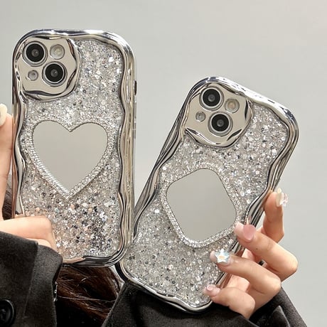 うねうね 鏡付 iPhone15/15Proケース キラキラグリッター iPhone14/13Pro/12ケース きれい 便利 丈夫 [M3911]