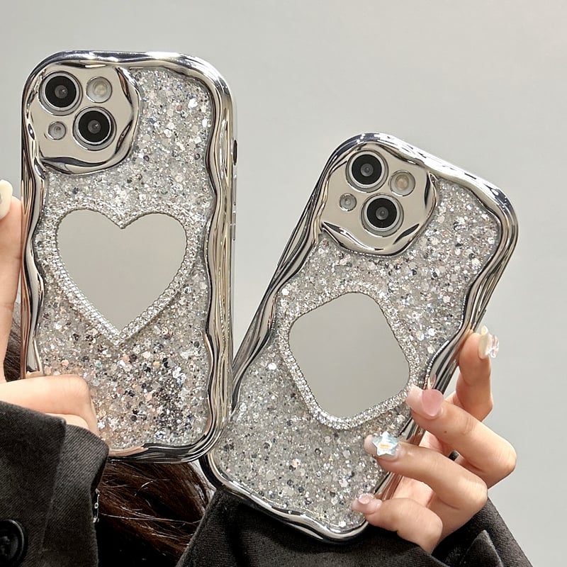 うねうね 鏡付 iPhone15/15Proケース キラキラグリッター iPhone14/13