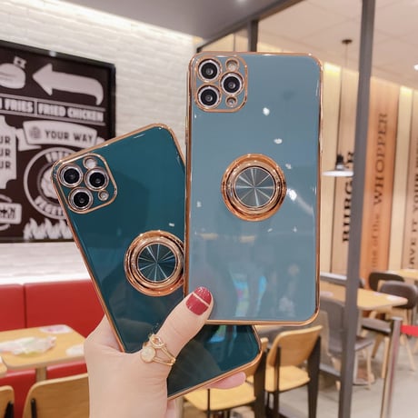 パンカーリング付 iphone13/12proケース ツヤ感ある金色枠 iphoneXS/SE2カバー  耐久性耐衝撃頑丈なソフトケース 落下防止 スタンド機能付きM320