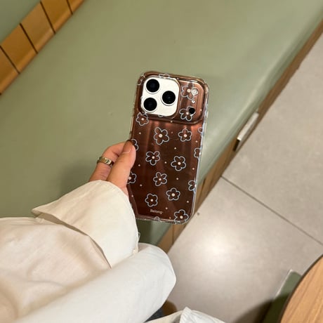 ブラウン 花柄 iPhone17Pro/17ケース 艶感 iPhone17ProMax/16Pro/15カバー  オシャレ 韓国っぽ[M6082]