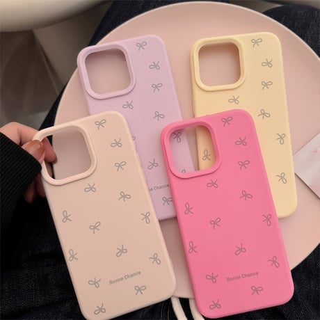 淡色系 iPhone16/16Proケース リボン柄 指紋防止 iPhone15/14Pro/13/12カバー 女子力高い シンプル風[M4793]