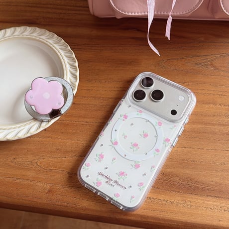 花リングスタンド iPhone17/17Proケース MagSafe対応 iPhone16Pro/15/14ケース 可愛い便利 甘めコーデ [M6423]
