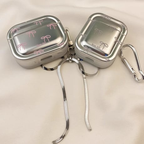 リボン柄 Airpods4/Pro2ケース リボンチャーム airpodsproカバー 可愛い メッキ 頑丈 大人可愛い[M4686]