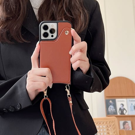 カード入れ2個 ミラー付iphone14/13proケース レザー製 アイフォン12mini/11カバー 長いストラップ付 スタンド機能あり[M2146]