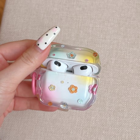 ラメ花 Airpods Pro3ケース 花/ハートキーホルダー Airpods4/3カバー pro2/pro1 うねうね ギフトにおすすめ[M6414]