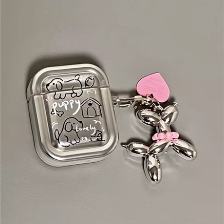 犬ちゃん Airpods 4 ケース  チャーム付  メッキシルバー AirpodsPro2/Pro1カバー  Airpods3/2  プレゼントにおすすめ[M4701]